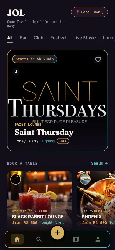 The JOL app home screen showing tonight's events and venues with VIP tables